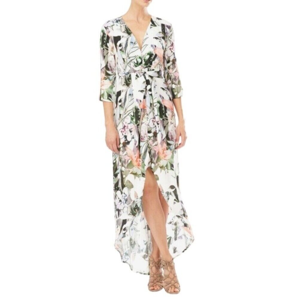 Johanne Beck Dress Floral Print V Neck Button Down Hi Lo Maxi - Picture 2 of 13